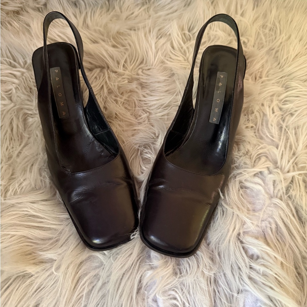 Dark Brown Leather Square-Toe Slingback Heels